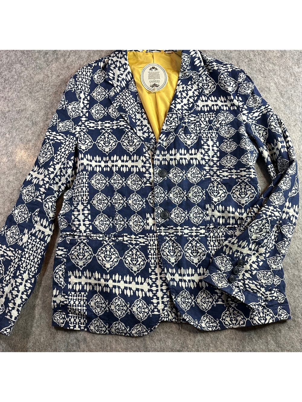 Ganesh Boho Blue/White Italy Mosaic Festival 100% Cotton Statement Blazer XL